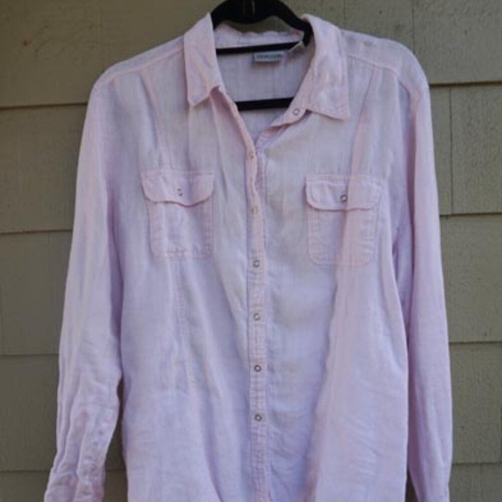 CHICOS Pale Pink Linen Button Down Snap Closure Long Sleeve Shirt Sz 2
